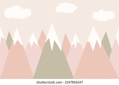 Hand drawn mountain landscape. Cute wallpaper design for a play room in Scandinavian style. Vector illustration of mountains and clouds. Wall decor for a girl. Pastel pink and olive.