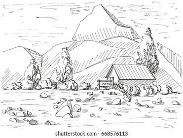 Hand drawn mountain landscape. House on a background of mountains. Vector illustration of a sketch style.