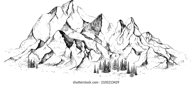 Hand drawn mountain landscape.
Peaks, rocks and hills in the snow. Ski resort.