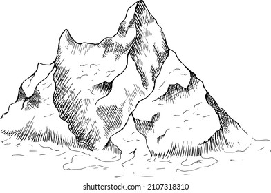 Hand drawn mountain landscape.
Peaks, rocks and hills in the snow. Ski resort.