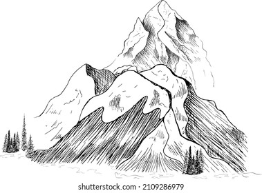 Paisaje montañoso dibujado a mano.
Picos, rocas y colinas en la nieve. Estación de esquí.