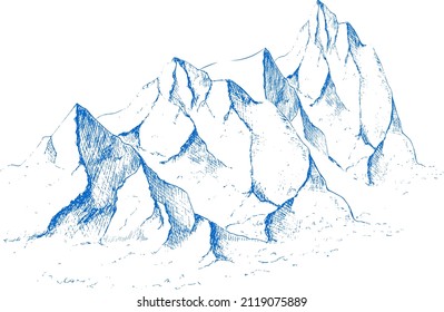 Hand drawn mountain landscape.
Peaks, rocks and hills in the snow. Ski resort.