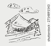 Hand drawn mountain landscape with pine trees. Ideal for nature, travel, or outdoor adventure themes. Vector sketch illustration in vintage crayon charcoal style. Winter sports concept, skiing, hiking