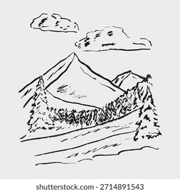 Paisaje de montaña dibujado a mano con pinos. Ideal para naturaleza, viajes o aventuras al aire libre. Ilustración de boceto de Vector en estilo vintage de carbón de crayón. Concepto de deportes de invierno, esquí, senderismo