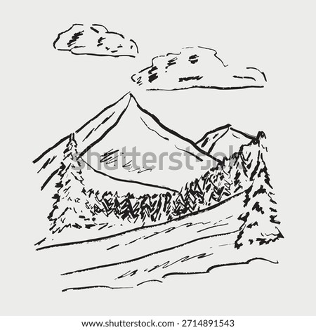Hand drawn mountain landscape with pine trees. Ideal for nature, travel, or outdoor adventure themes. Vector sketch illustration in vintage crayon charcoal style. Winter sports concept, skiing, hiking