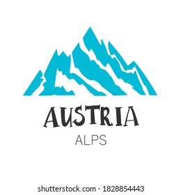 Hand drawn mountain landscape silhouettes and lettering text Austria Alps. Cartoon rocky peaks. Grunge style typography. Sketch illustration with quote. Logo design
