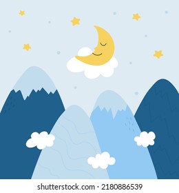Hand drawn mountain landscape, sky, moon, stars and cloud. Template for poster, nursery, baby design and decoration. Vector illustration