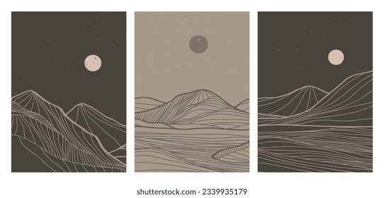 Hand drawn Mountain line arts illustration. Abstract mountain contemporary aesthetic backgrounds landscapes. with mountain, forest, sea, skyline, moon. use for print art, poster, cover