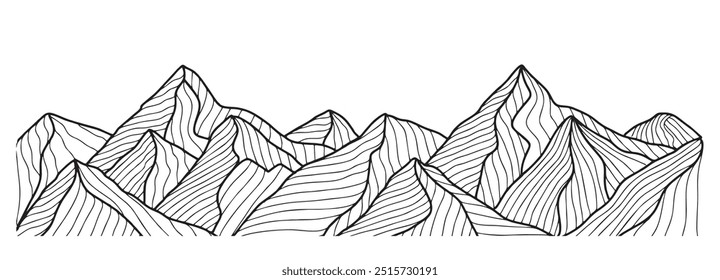 Hand drawn Mountain line arts illustration. Contour drawing scenic landscape. Abstract contemporary landscapes isolated on white background. For  invitation, packaging design, fabric, banner, print