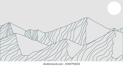 Dibujado a mano ilustración de diseño de artes de línea de montaña. Paisajes Abstractas de los fondos de la estética contemporánea de la montaña. Uso para el arte de la impresión, cartel, cubierta, Anuncio
