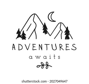 Juego de logotipos de montaña dibujado a mano. Icono vectorial de la estación de esquí, elemento doodle. Gran Símbolo al aire libre aislado, etiqueta de viaje