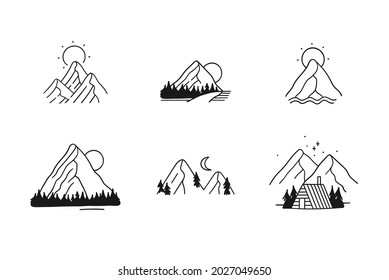 Juego de logotipos de montaña dibujado a mano. Icono vectorial de la estación de esquí, elemento doodle. Gran Símbolo al aire libre aislado, etiqueta de viaje