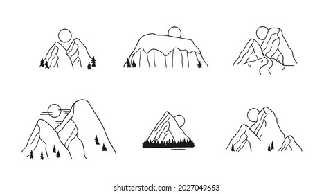 Hand drawn Mountain Logo set. Ski Resort vector icon, doodle element. Great Outdoor symbol isolated, travel label