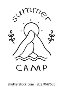 Hand drawn Mountain Logo set. Ski Resort vector icon, doodle element. Great Outdoor symbol isolated, travel label