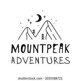 Hand drawn Mountain Logo set. Ski Resort vector icon, doodle element. Great Outdoor symbol isolated, travel label