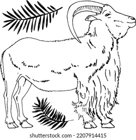 Hand Drawn mountain mouflon and branches with leaves, Vector Illustrations For clothing, home decor, cards and templates, scrap booking, post cards, frames.