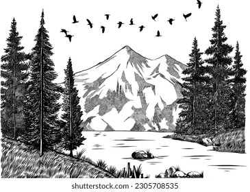 Hand Drawn Mountain Nature Landscape Vector scene