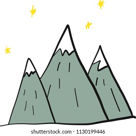 Hand drawn mountain on white background and yellow stars