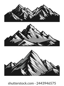 hand drawn mountain peak, mountain silhouette, mountain image collection set, mountain icon, black and white line art