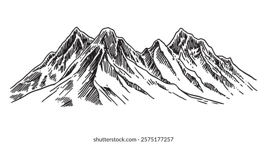 hand drawn mountain peaks in black sketch outline style