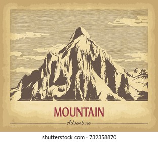 Hand drawn mountain peaks on old craft paper texture. Abstract background. Engraved style vector illustration. Elements for your design works.