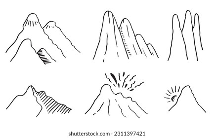 Hand drawn mountain peaks set collection. hill doodle.