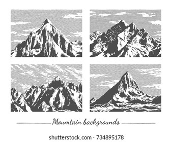 Hand Drawn Mountain Peaks Set. Abstract Backgrounds. Engraved Style Vector Illustration. Elements For Your Design Works.