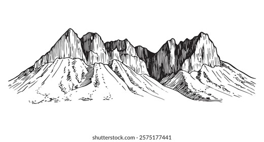 hand drawn mountain range in black outline sketch style