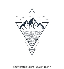 Hand drawn mountain range by the sea textured vector illustration. Double exposure with birds and triangles around. Geometric style.