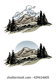 Hand drawn mountain range and clouds illustration vector in pen and ink or engraving style