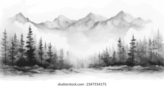 Hand drawn mountain range nature landscape. Grayscale abstract panorama with rocky mountains skyline. Vector illustration.