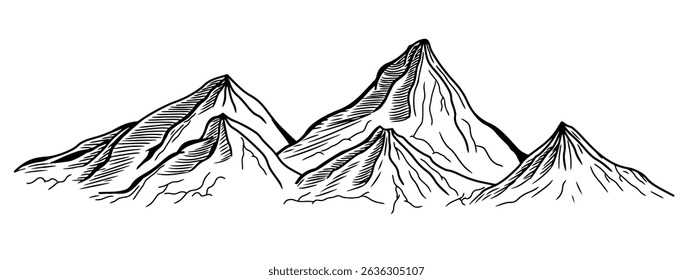 Ilustração de vetor de cordilheira desenhada à mão. Desenho estilo montanha picos gráfico isolado no fundo branco