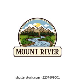hand drawn mountain river emblem logo