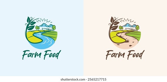 Hand drawn mountain and river or road among green agricultural fields logo vector design