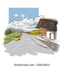 Hand drawn mountain road, vector illustration