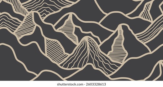Hand drawn mountain seamless pattern. Japanese background with line wave pattern. Landscape pattern.