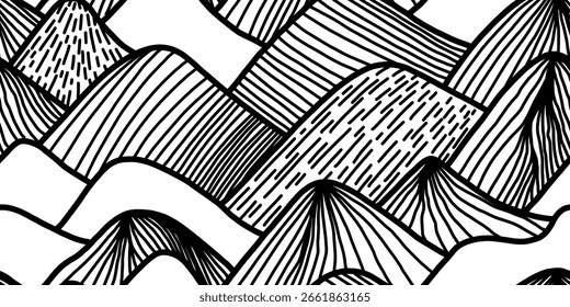 Hand drawn mountain seamless pattern. Japanese background with line wave pattern. Landscape pattern.