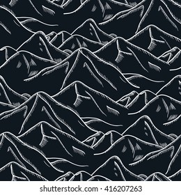 Hand drawn mountain seamless pattern. Tribal wild ornament in line art style. Isolated vector illustration. Ideal  for travel, adventure, meditation. The great outdoors.