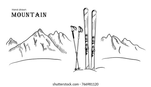 Hand drawn Mountain and ski graphic black white landscape vector illustration 