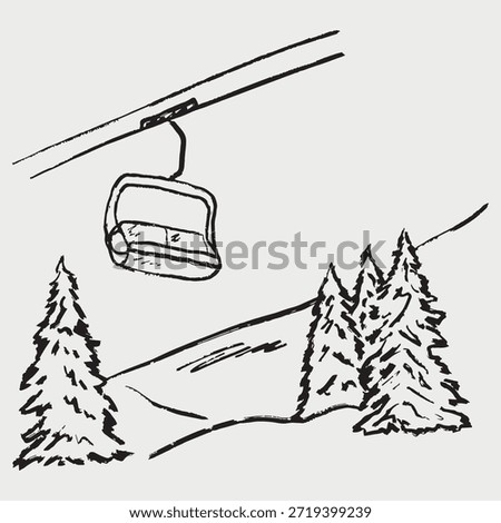 Hand drawn mountain ski lift landscape with snowy pine trees. Winter adventure and outdoor skiing recreation. Vector sketch illustration in vintage crayon charcoal style