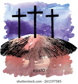 Hand drawn mountain with three crosses. Vector watercolor illustration.