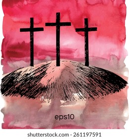 Hand drawn mountain with three crosses. Vector watercolor illustration.