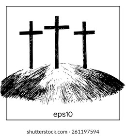 Hand drawn mountain with three crosses. Vector watercolor illustration.