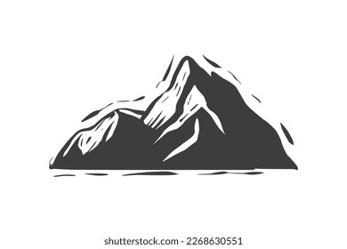 Hand drawn mountain vector black and white, isolated in white