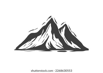 Hand drawn mountain vector black and white, isolated in white