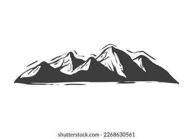 Hand drawn mountain vector black and white, isolated in white
