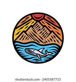Hand Drawn Mountain Whale Logo Vector Design illustration Emblem