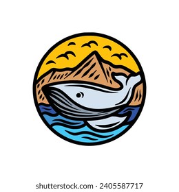 Hand Drawn Mountain Whale Logo Vector Design illustration Emblem