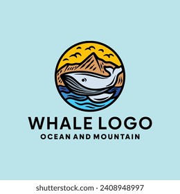 Hand Drawn Mountain Whale Logo Symbol Design illustration vector Icon Emblem