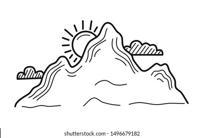 Hand drawn Mountains and Clouds isolated on a white. Vector illustration.
